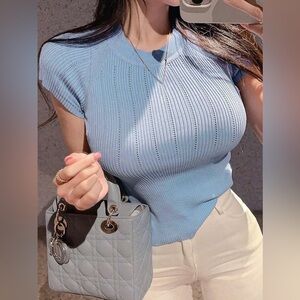 Feminine Short Sleeve Sky Blue Sweater